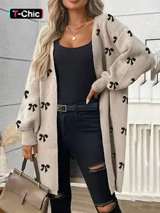 Autumn Winter New High-End Bow Pattern Knit Long Cardigan Sweater, Casual Versatile Outerwear, Elegant Lazy Style, Comfortable Color Block Design, Knitwear