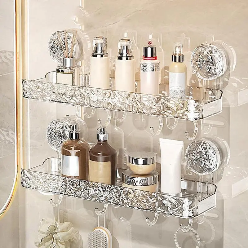 Acrylic Ice-Glacier Pattern Suction Cup Bathroom Shelf - Smooth, Transparent, No-Drill Wall-Mount Organizer with Hooks, Removable Reusable Modern Storage Rack for Bathroom, Kitchen
