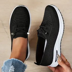 Women's Black Breathable Knit Sneakers |   Slip-On & Lace-Up Lightweight Walking Shoes with Cushioned Sole - Comfortable Casual Sports Shoes for Daily Wear & All-Day Comfort