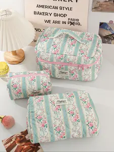 Floral & Striped Pattern Makeup Bag, Travel Toiletry Bag, Makeup Organizer Pouch, Versatile Storage Bag for Travel, Vacation and School