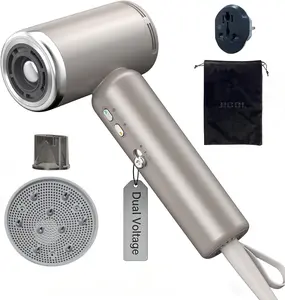 Dual-Voltage Mini Travel Hair Dryer: Small Pocket-Sized 100-240V Ionic Blow Dryer with Magnetic Diffuser & European Plug Adapter -Compact/Portable/Lightweight/Tiny/Quiet/Fast Drying - Gold