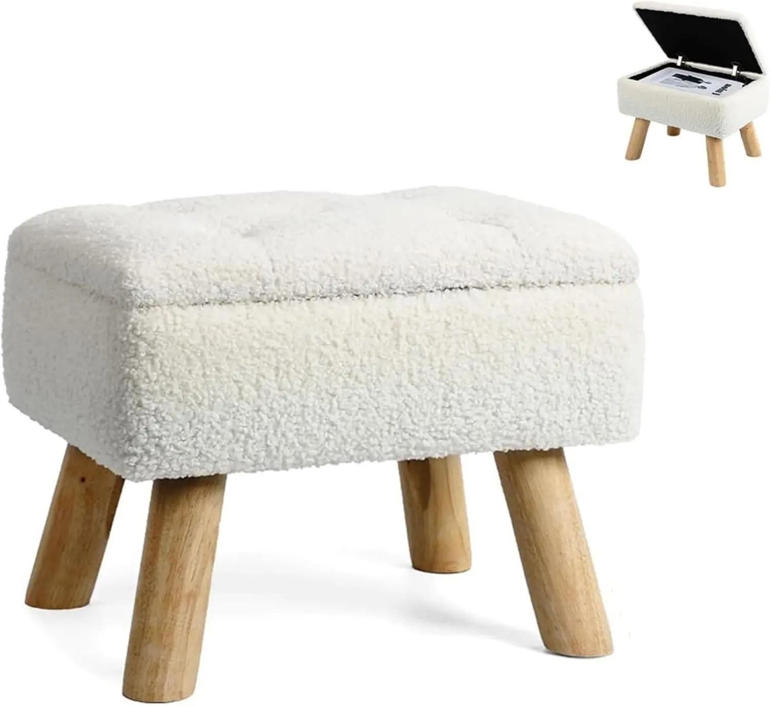 Cream Faux Teddy Fur Small Furniture Ottoman - Upholstered Storage Footstool with Wooden Legs, Comfortable Footrest, Multi-Purpose Shoe Changing Bench for Living Room, Bedroom, Upholstered Storage Ottoman