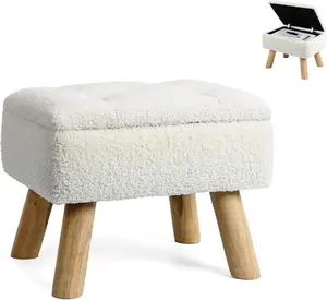Cream Faux Teddy Fur Small Storage Footstool Ottoman with Wooden Legs - Multi-Purpose Shoe Changing Bench for Living Room, Bedroom