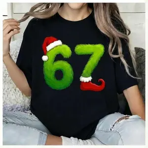 Unisex Funny Gen Z Pop 67 Meme T-Shirt with Green Guy Inspiration Santa Hats Graphic, 100% Cotton Tee for Christmas Gift Sweatshirt Classic