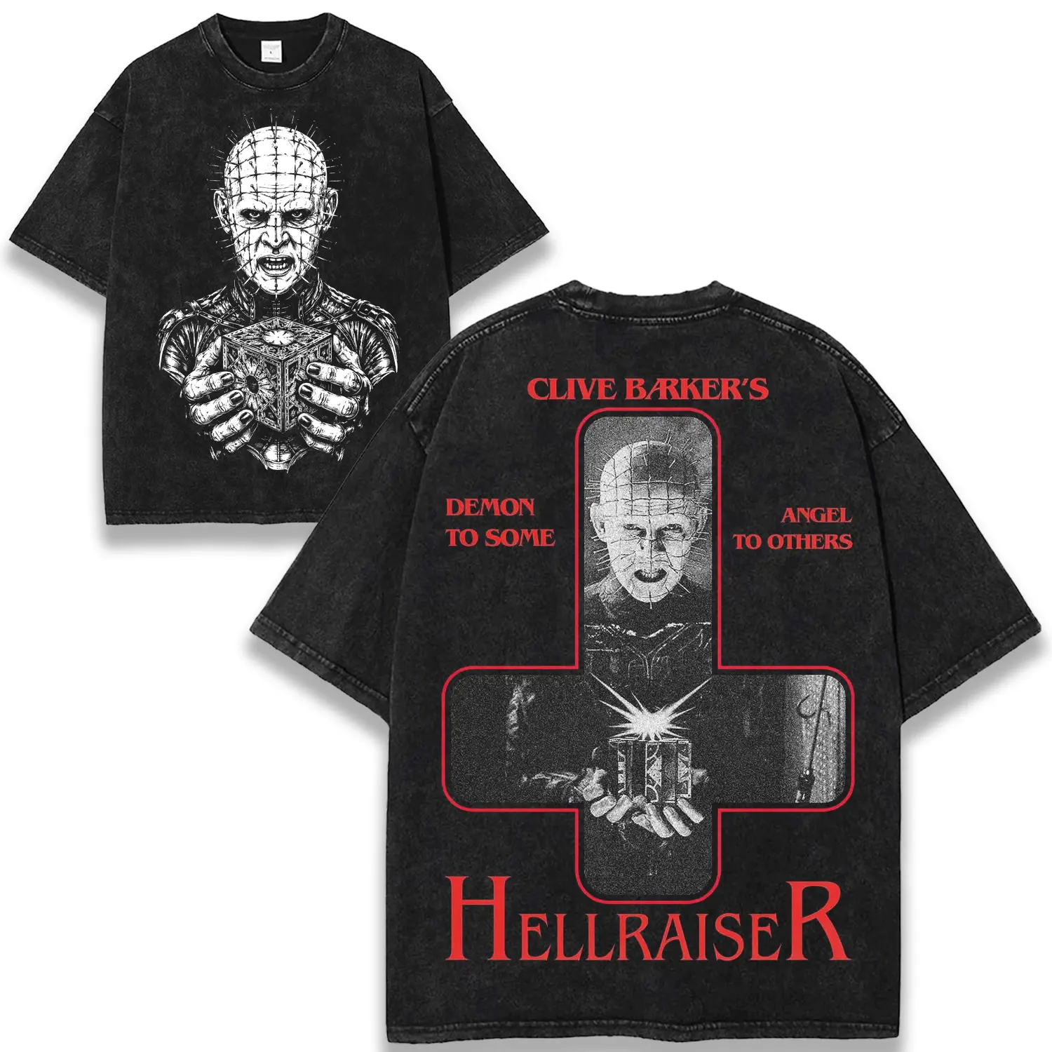 Hellraiser Pinhead Graphic T-Shirt, Clive Barker Horror Movie Vintage Tee, Pinhead Cenobite Puzzle Box Lament Configuration Gothic Horror Cult Classic Retro Washed Shirt for Horror Fans Halloween Gift