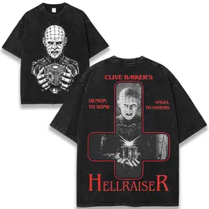 Hellraiser Pinhead Graphic T-Shirt, Clive Barker Horror Movie Vintage Tee, Pinhead Cenobite Puzzle Box Lament Configuration Gothic Horror Cult Classic Retro Washed Shirt for Horror Fans Halloween Gift
