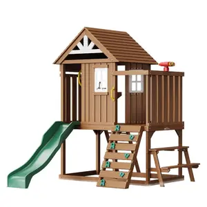 VEVOR Outdoor Wooden Playhouse, Modern Cedar Playhouse for Age 2-10 Years Kids, Garden Games Cottage, Country Style Cedar Playhouse with Working Door, Window, Flower Pot Holder, Grill, Stove, and SinkVEVOR Super Brand Day