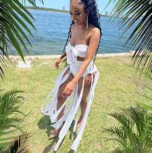 Swim Suits Women's Sexy Summer  Crop Tube Top and Fringe Tassels Skirt Sets Bikini