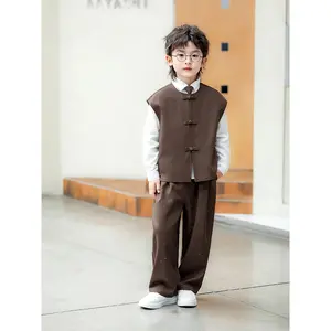 National Style Suit for Boys with Sequins, Retro New Chinese Tang Dynasty Inspired Host Flower Girl Fashion Show Outfit (3pcs Set: Vest + Pants + Tie)