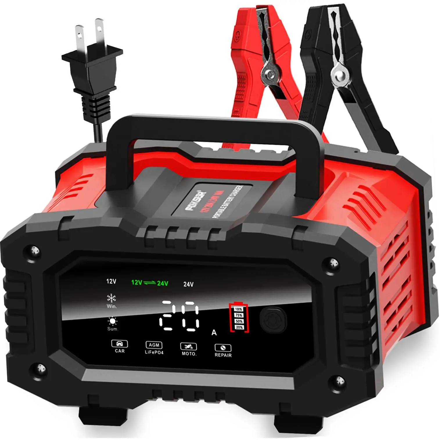 20-amp Car  12v/20a And 24v/10a Lifepo4 Lead-acid(agm/gel/sla) Automatic Smart Trickle Maintainer Desulfator 300w Fast Charging For Automotive Truck Lawn Mower Boat