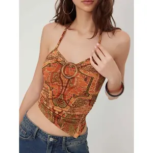 Cider Halter Neckline Floral Asymmetrical Hem Top
