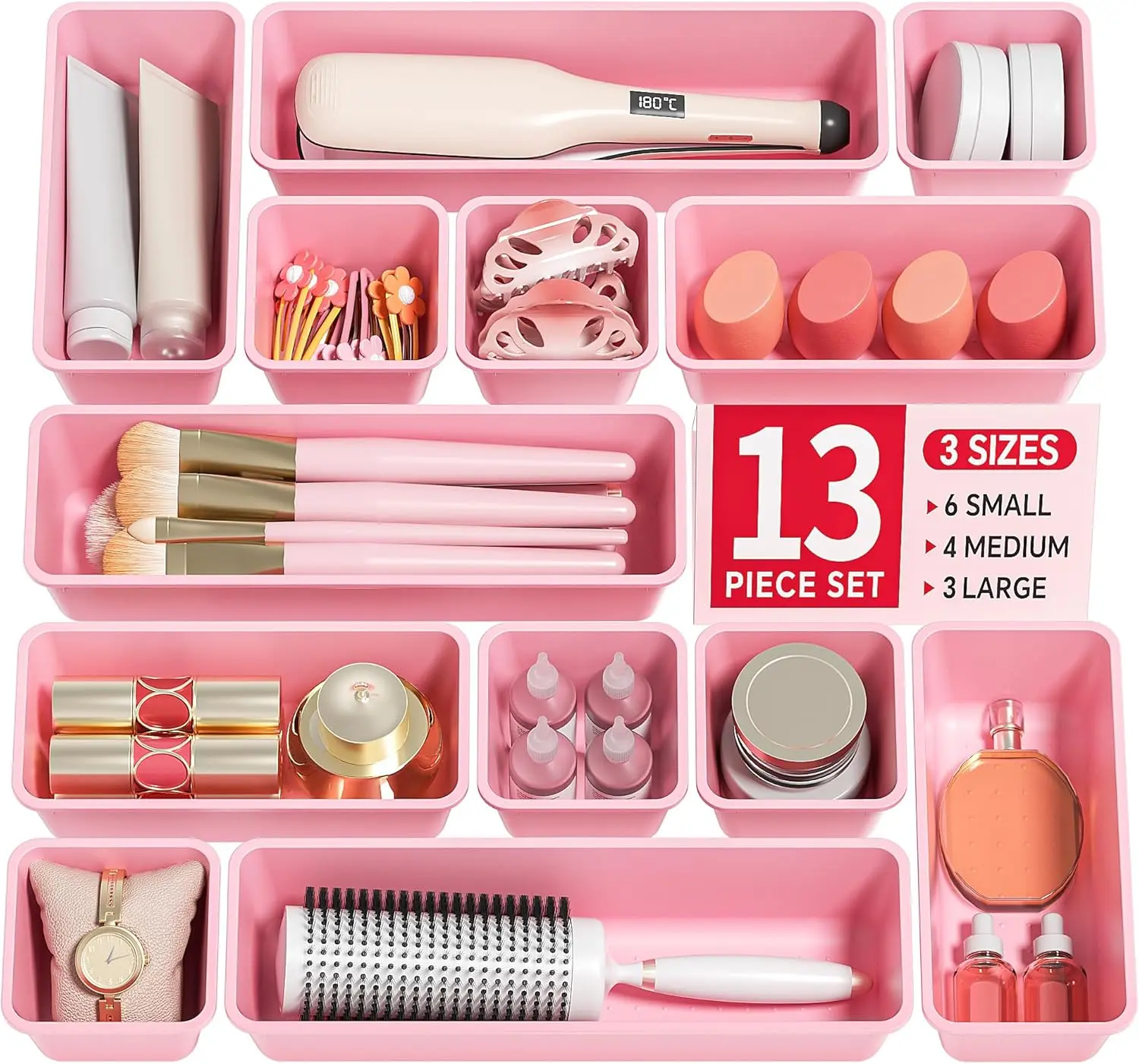 13 Pack Plastic Drawer Organizers Set, 3 Sizes Desk Drawer Organizer Trays for Vanity and Makeup Organizer, Organization and Storage for Makeup, Kitchen Utensils, Bathroom and Office(Pink)