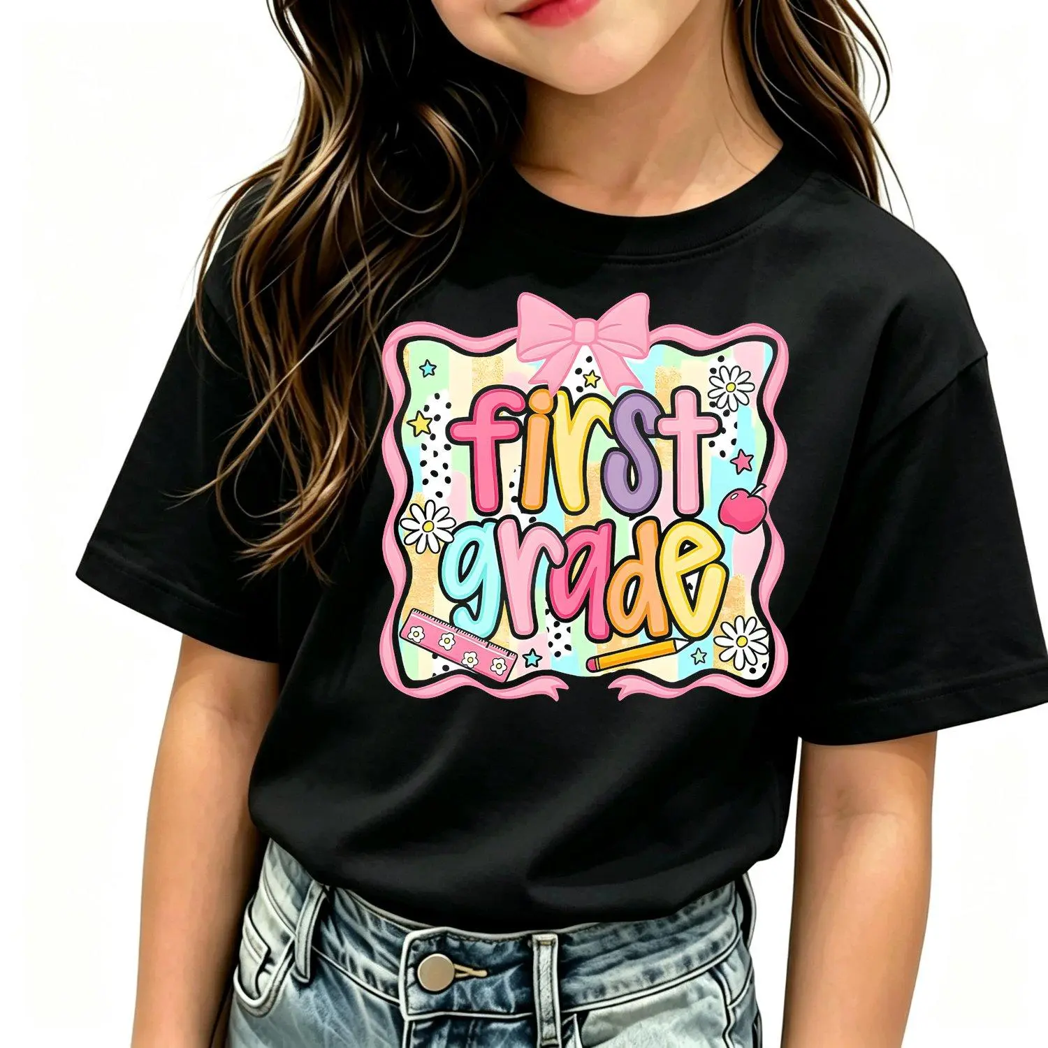 Summer Fashion girls T shirts Short Sleeved T Shirt Back To School Season Bow Flower Element First Grade Pencil Ruler Cartoon Pattern Print Casual Top