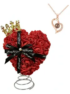 Elegant Crown Heart Necklace Set, Realistic Rose Flower Pendant, Perfect Gift for Girlfriend Best Friend, Birthday Valentine's Day