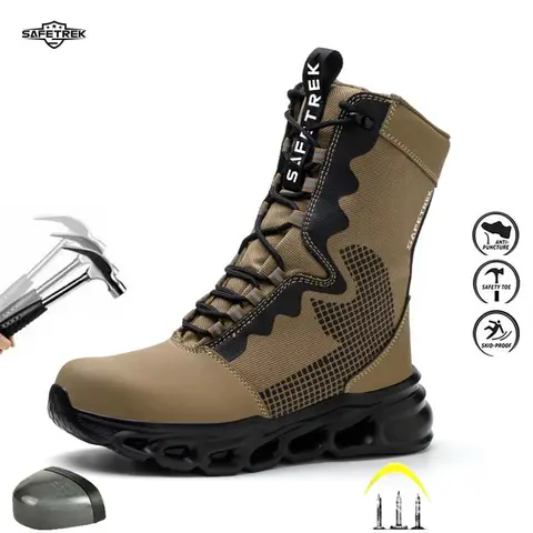 SAFETREK Men's Waterproof Safety Work Boots, Steel Toe Anti-Smash & Anti-Puncture Outdoor Hiking Combat Shoes, Slip-Resistant Lightweight Tactical Worker Boots