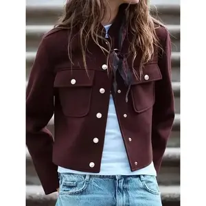 Women'sVintageBurgundyShortJacket-VintageStandCollar,Single-BreastedDesignwithChestPockets,MachineWashableH-CutSpringandAutumnCoat,ClassicTurn-DownCollarDurableCasualOuterwearTopsWomenswear