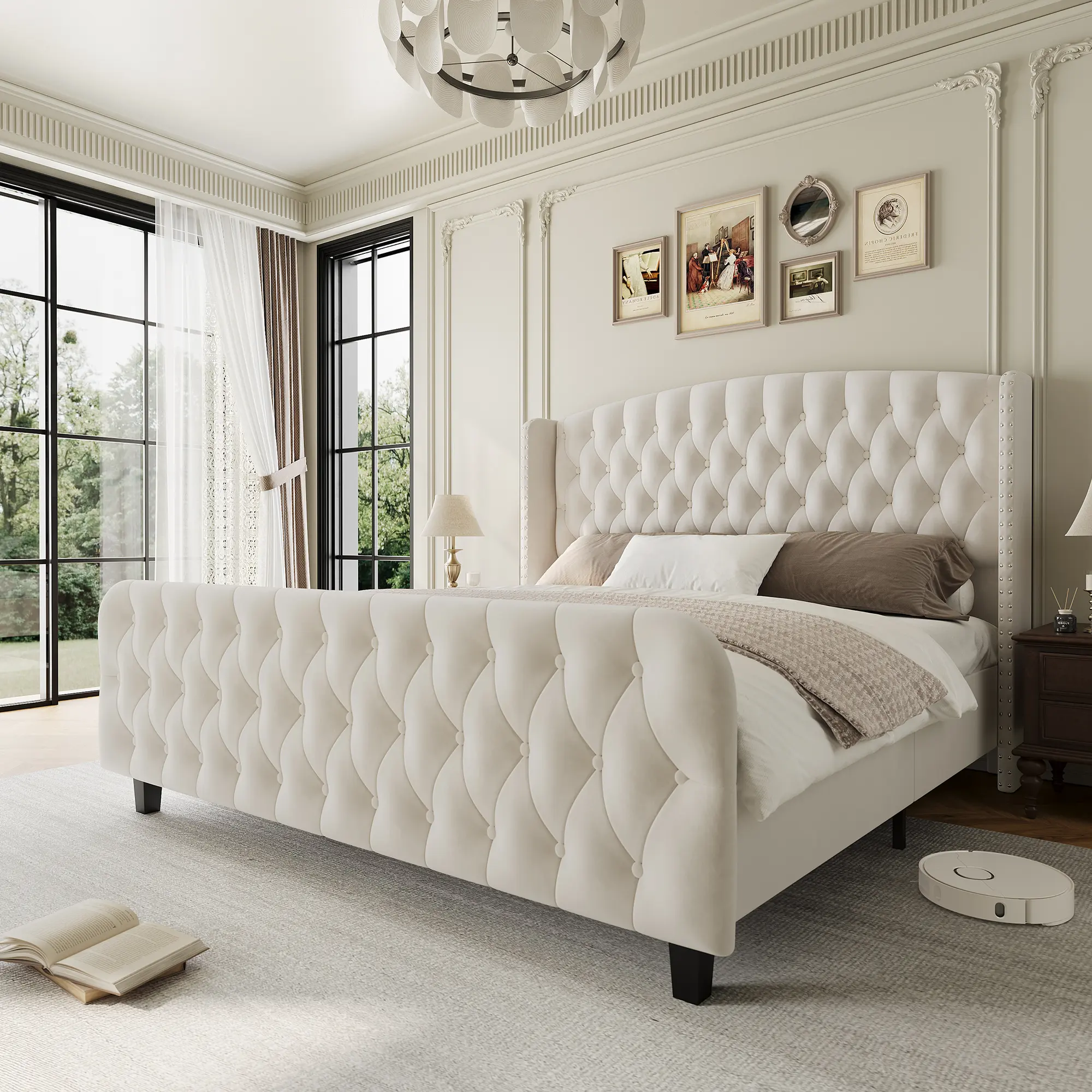 Queen Platform Bed Frame with 51'' Tall Deep Button Tufted Suede Wingback Headboard & Footboard – Nailhead Trim, Sturdy Wood Slats, Noise-Free, No Box Season Needed, Easy Assembly