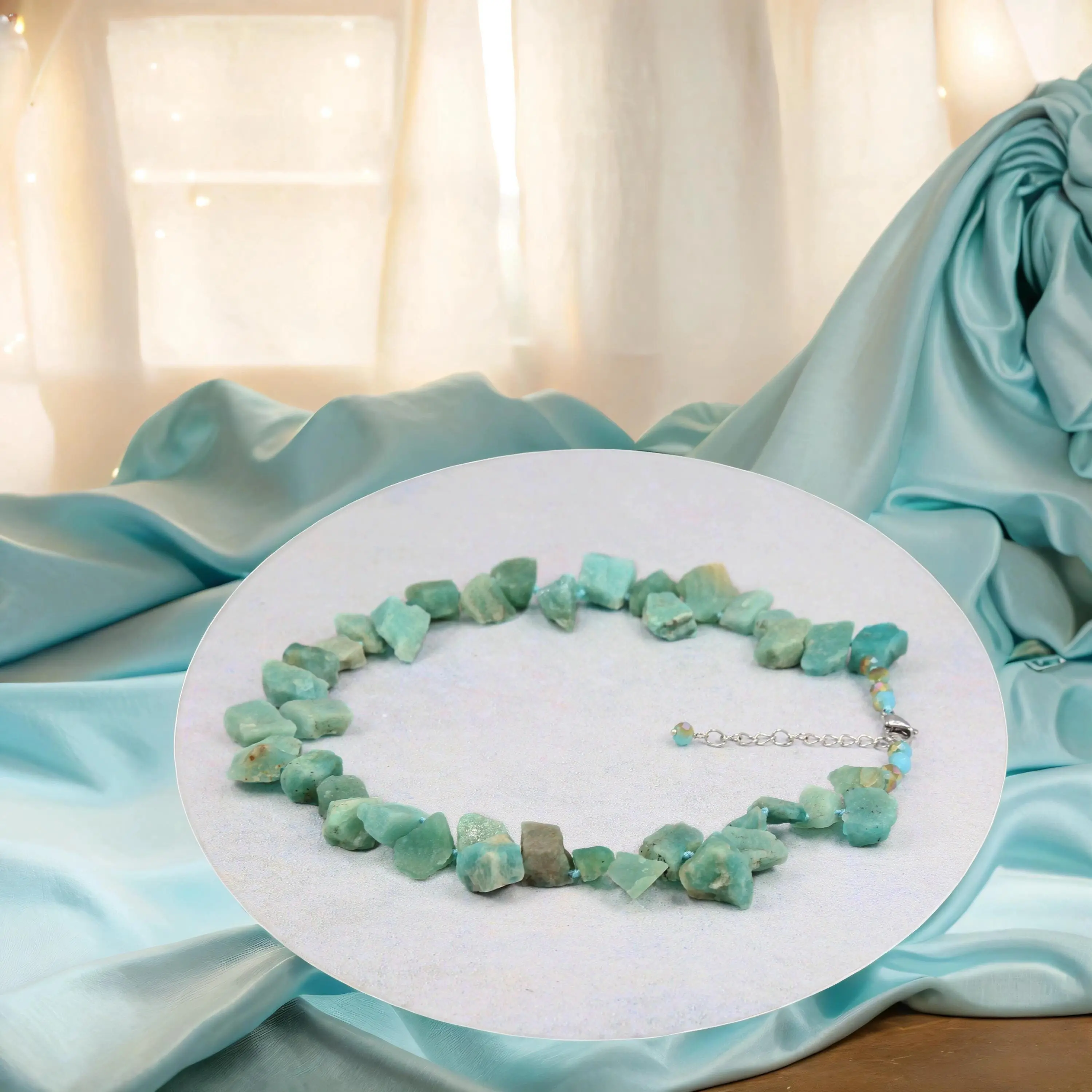 Beaded Peruvian Amazonite Necklace. Peruvian Amazonite  Collar. Natural Free-Form Row Peruvian Amazonite Necklace