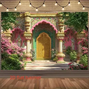 2D Flat 2D Flat Banner 1pc Indian-style Art Background Banner - Golden Embossed Arch with Pink Florals and Green Foliage Elegant. Suitable for Weddings Parties Cultural Events and Other Occasions - No Electricity Required 2D Flat Decor Tapestry Decor Room