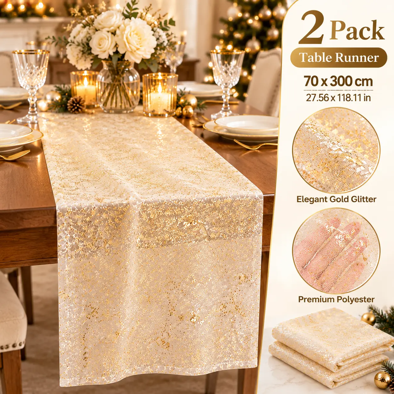 2 Pack Gold Glitter Table Runners, 70 x 300 cm Beige Gold Sheer Mesh Table Runner with Metallic Foil Accents for Christmas Dining Table, Wedding Reception, Holiday Party, Thanksgiving and Home Decor