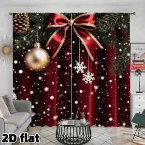 2D Flat 2Pcs Christmas Holiday Curtains Red Festive Window Panel Pine Branch Snowflake Ball Bow Pattern Semi Sheer Polyester Fabric Rod Pocket Design Living Room Bedroom Dining Party Decor Winter Festival Gift Treatment Home Decoration Curtain