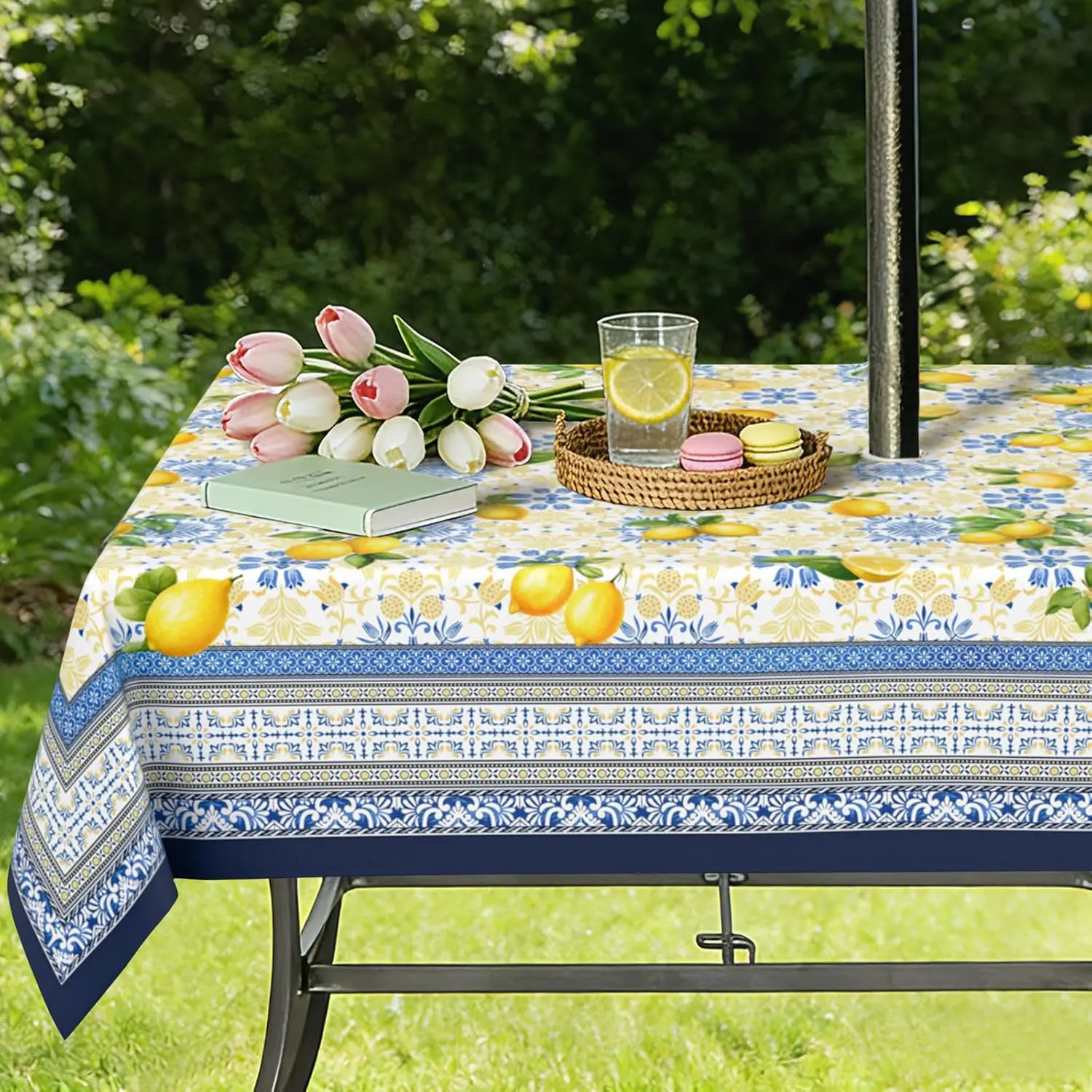 Outdoor Tablecloth with Umbrella Hole and Zipper, Lemon Waterproof Patio Table Covers, Rectangle 60" x 84"