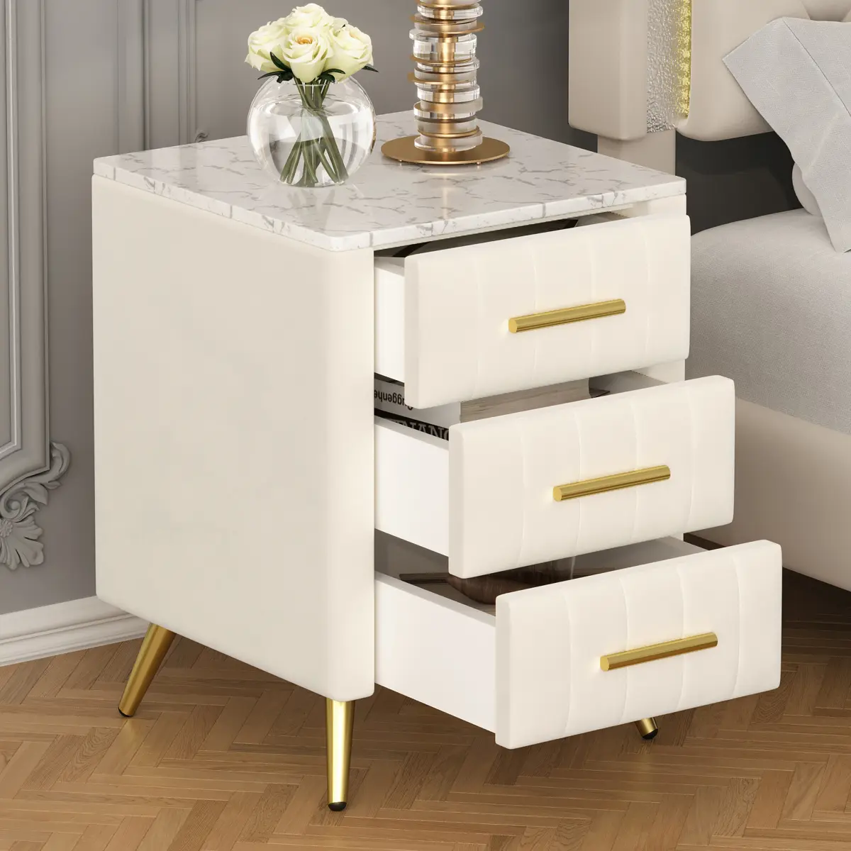 [Fahuac] Beige Velvet Upholstered 3-Drawer Marble-Topped Bedside Table, Sleek Multi-Purpose Nightstand with Metal Legs, Modern Storage Dresser for Bedroom, Marble-Topped Bedside Tables, Multi-Purpose Bedside Tables