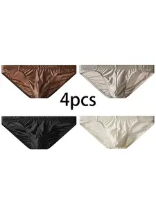 Men's Ice Silk Satin Triangle Underwear Set, Soft and Comfortable, Fitted, Plain Design, Perfect for Daily Casual Office Wear, 4 Pack
