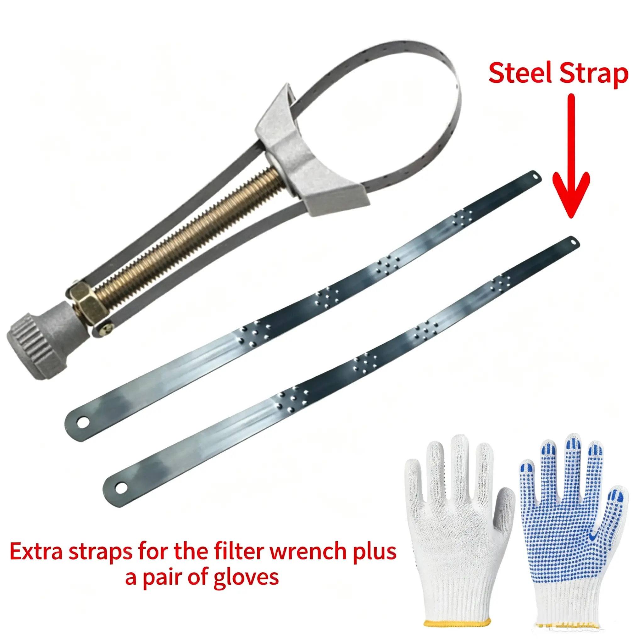 60-120mm Adjustable Strap Wrench Set with 4pcs Steel Straps, Disassembly-Assembly Tool & Anti-Slip Wear-Resistant Gloves for Car, Truck Repair (Compatible with Honda, Yamaha)