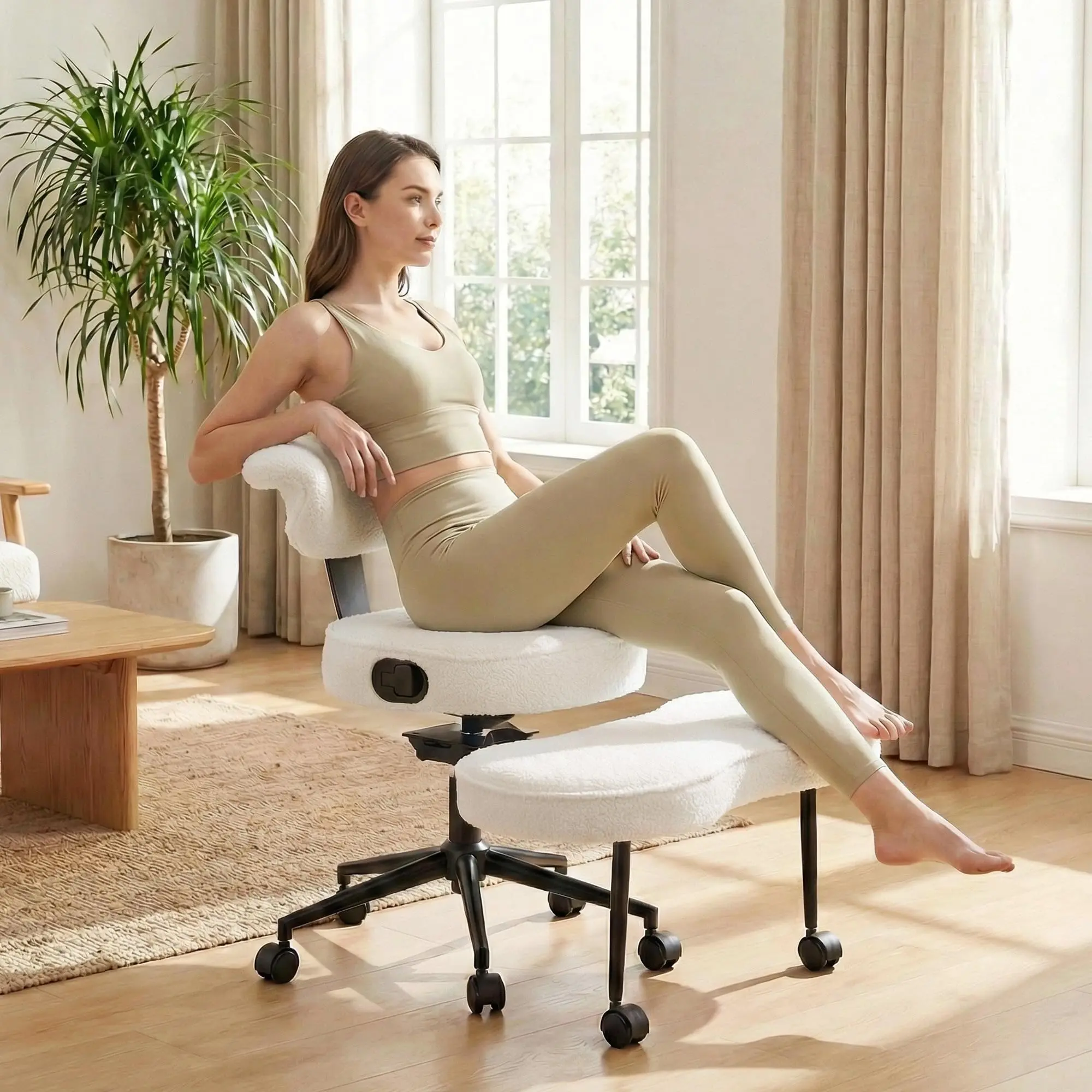 Garvee Ergonomic PU Leather Cross-Legged Office Desk Chair - 360° Swivel, Adjustable Height, Strong Lumbar Support, Wheels, 250 lb Capacity - Ideal for Squatting, Yoga, Home Use (Wide Criss Cross Kneeling Design for Comfort & Posture)