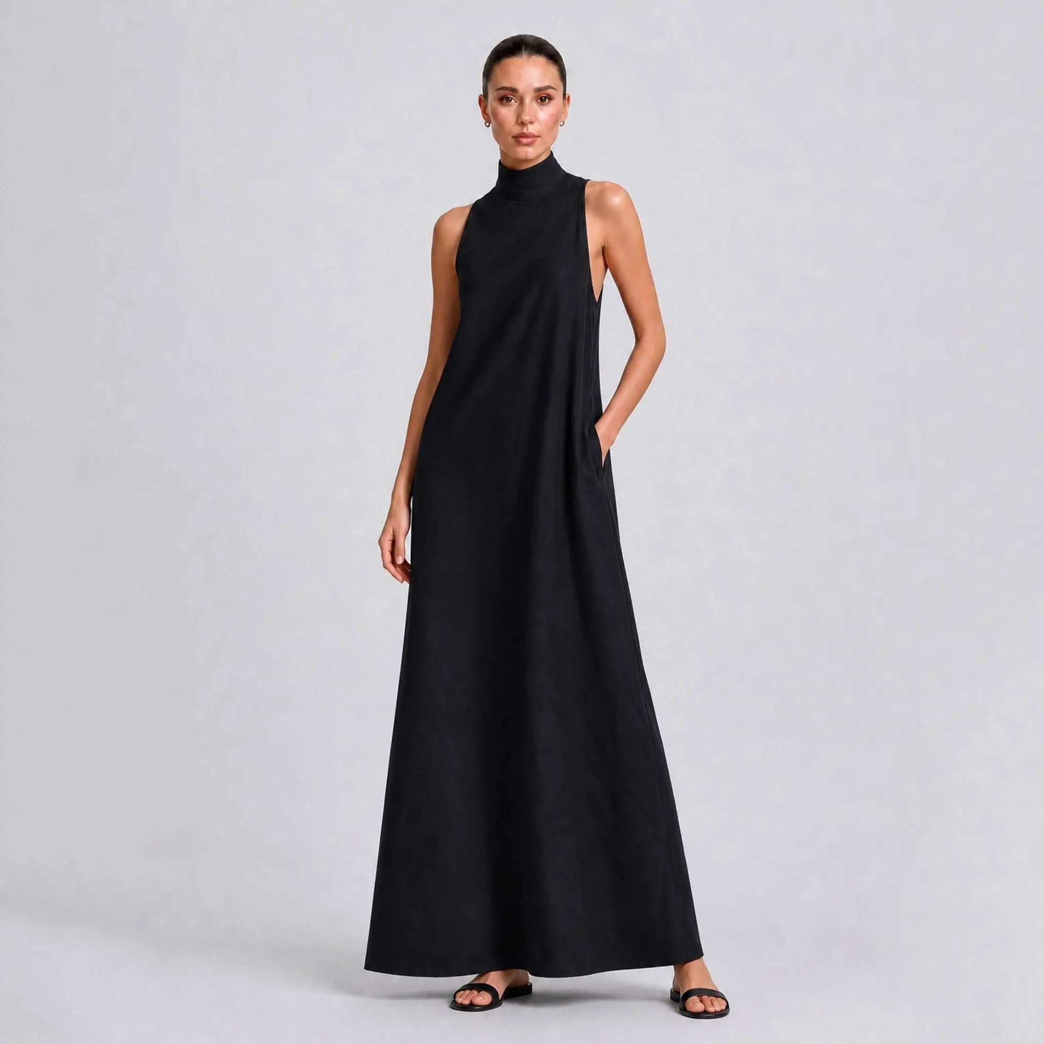 LikeMyChoice Old Money Sleeveless Turtleneck Maxi Dress Black Loose A‑Line Long Dress With Pockets Minimalist Casual Dress for Women