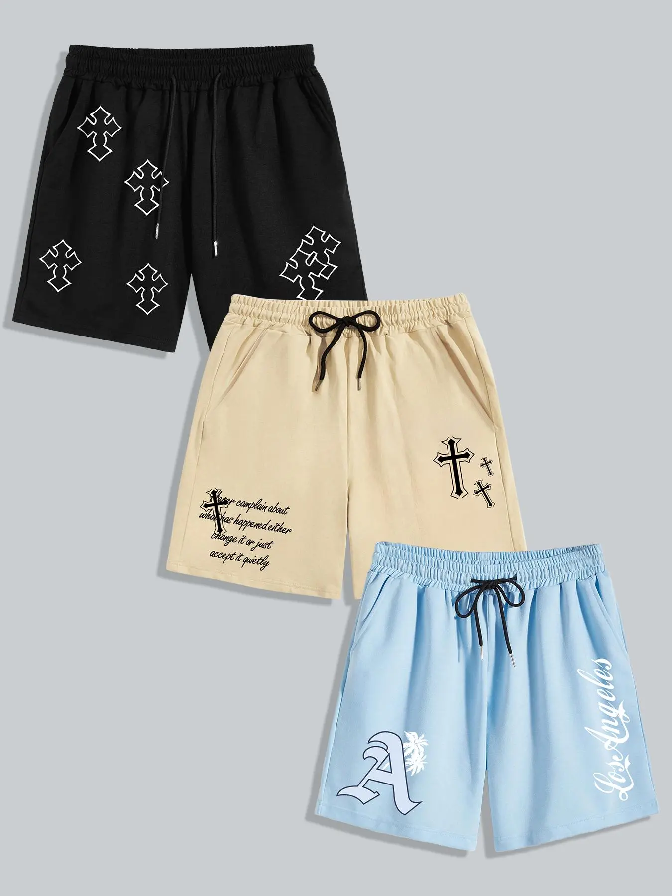 Men's Cross Letter Graphic Print Drawstring Track Shorts, Active Athletic Shorts, Athleisure Shorts, Casual Regular Fit Pocket Elastic Waist Shorts for Summer, Shorts for Men, Back To School Outfits, Mens Bottoms for Daily Wear