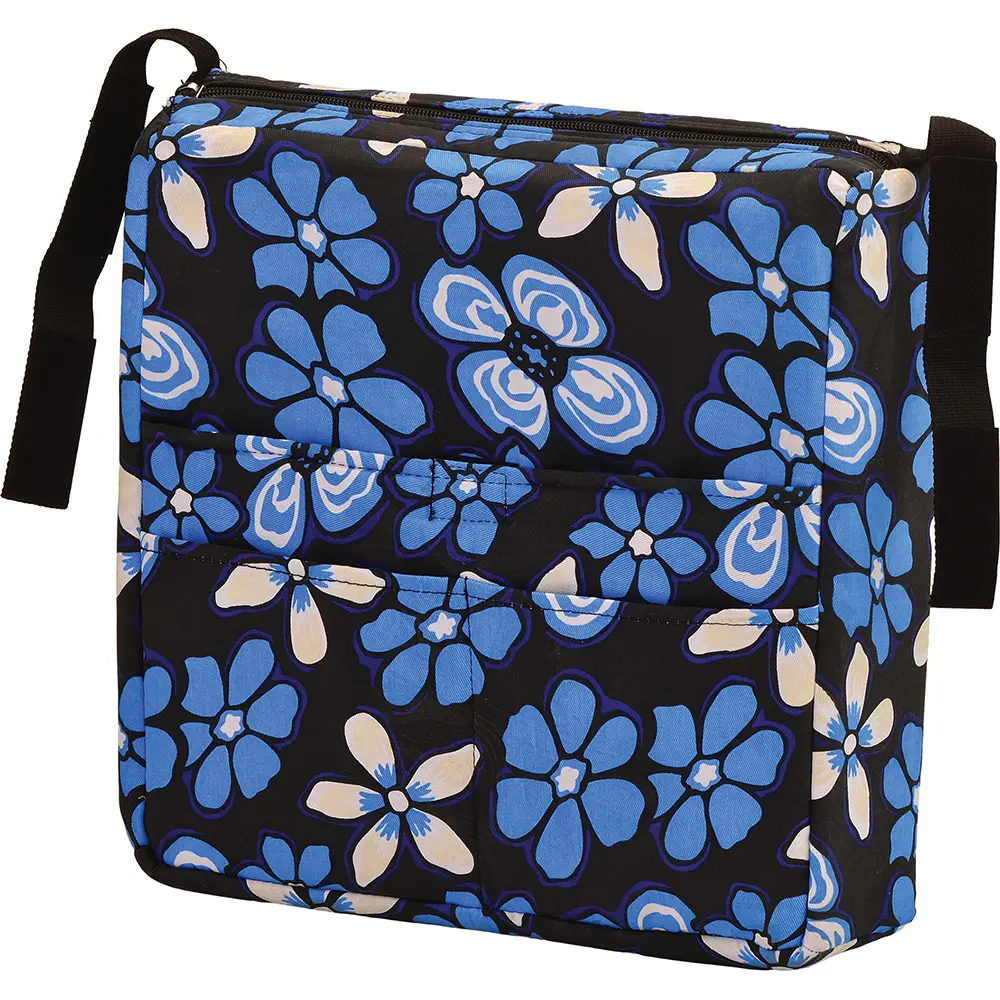 The Hanging Mobility Bag fits on all walkers and the back of wheelchairs and transport chairs. It easily attaches to the front of the crossbar or handles with two Velcro straps. The top zipper includes a key ring for easy opening and closing.