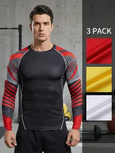 3-Pack Men's Colorblock Print Long Sleeve Compression Sports Tee Crew Neck Supportive Design for Running Cycling All Seasons Easy Care Quick-Dry Comfortable Long-Sleeve Polos