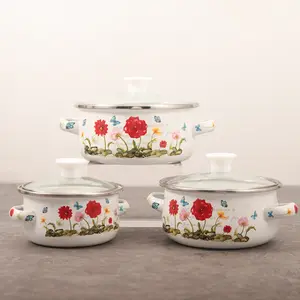 3Pcs Enamel Casserole Set Cookware with Flower & Butterfly Print, Double Handle Cooking Pot for Baby Food, Gas & Induction Compatible