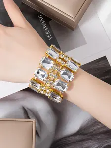 Luxury Double Row Square Rhinestone Bracelet, Sparkling Hand Jewelry for Parties, Elegant Bling Accessories for Women, Trendy Jewellery Accessories