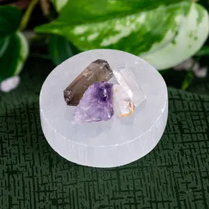 Down to Earth Crystal Point Collection Plate - Selenite Charging Kit with Clear Quartz, Amethyst, Citrine & Smoky Quartz for Spiritual Cleansing and Manifestation