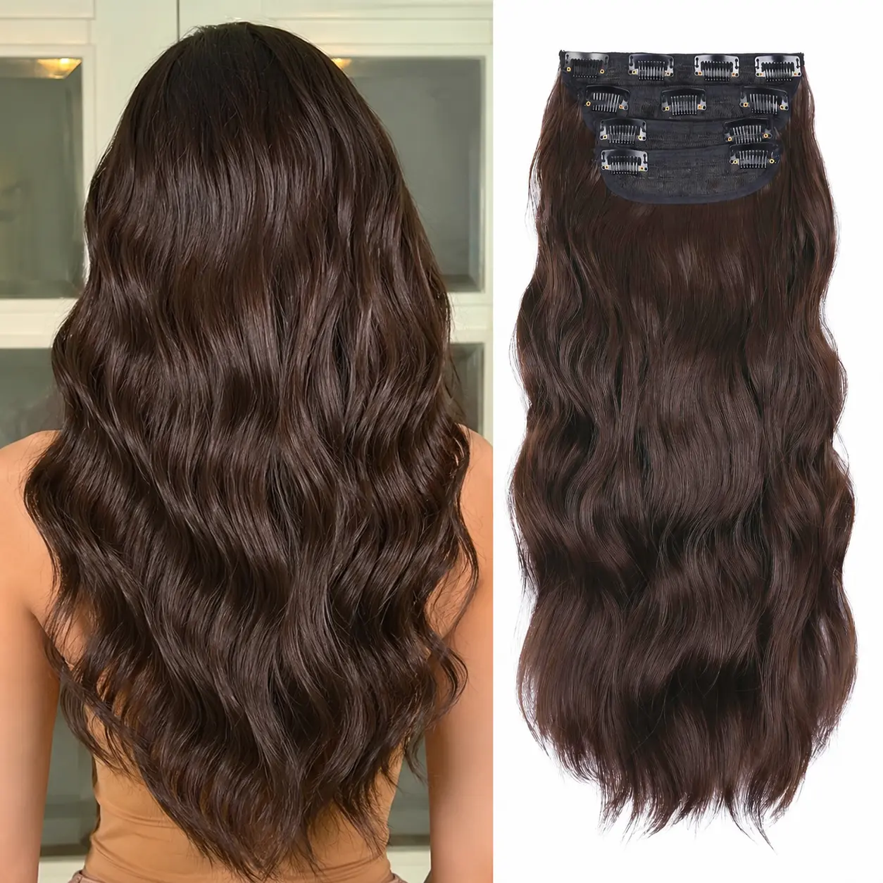 Dark Brown Clip in Hair Extensions 4Pcs, 20 Inches Soft Synthetic Curly Clip in Hair Extensions