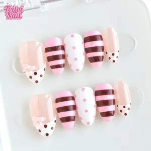 Stripe Bow Handmade Press-On Nails | Short Almond Shape, 10pcs | Cute Sweet Stripe Bow Design | Sheer Nude Base & Pink Brown Stripe & Polka Dot & Mini Bow Accents | Reusable DIY Nail Kit for Women | Trendy Nails for Spring, Summer, Dates & Daily Wear