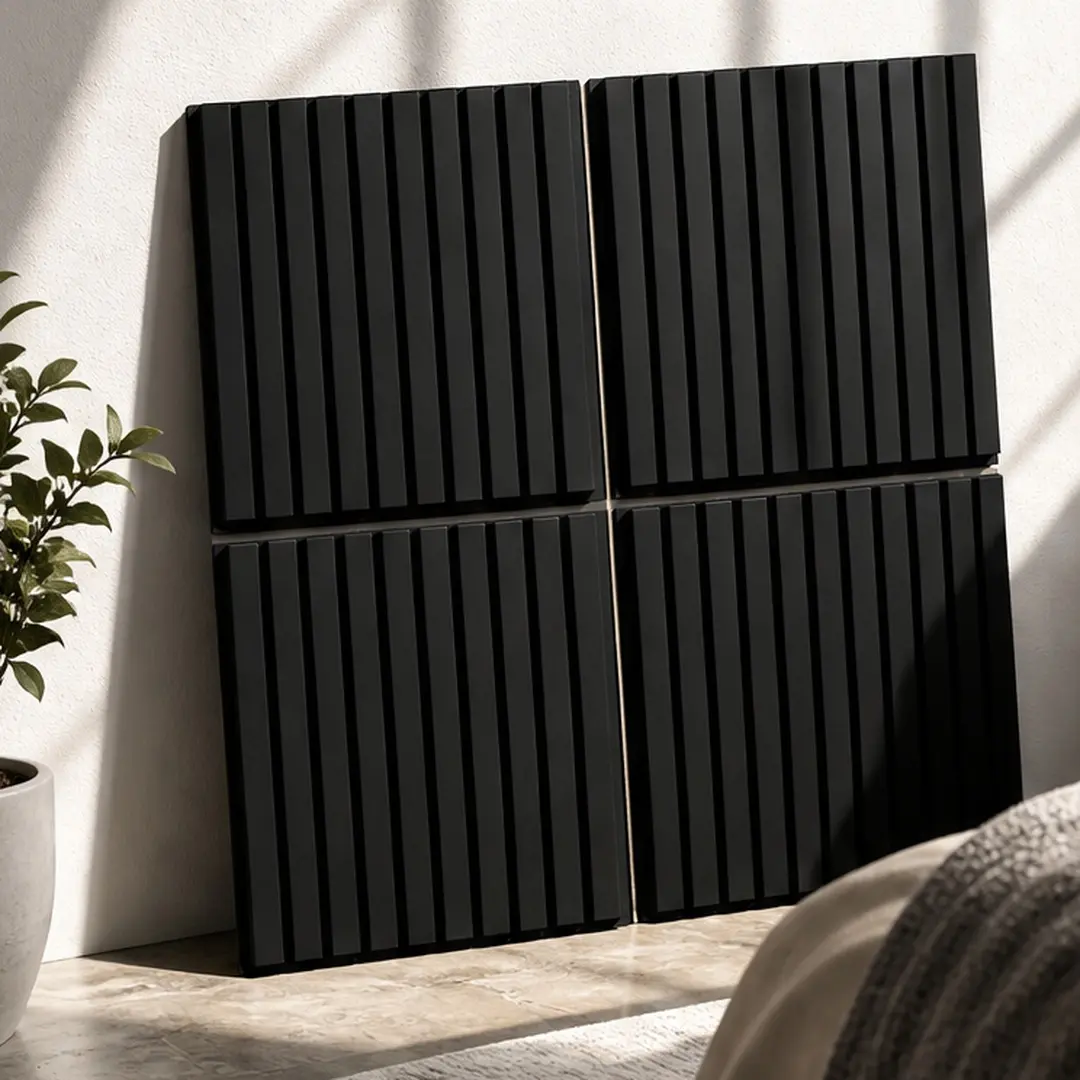 Acoustic Panels 4PCS Matte Black 3D Wood Slat Wall Panels Sound Absorbing Panels for Bedroom Office Gym Studio Noise Reducing Wall Decor MDF Polyester Self-Adhesive 23.62x23.62x0.71in, Matt Black Color Options, MDF/Polyester Material