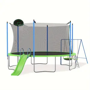 14 foot trampoline with slide and swing, large ASTM approved recreational trampoline with basketball hoop and ladder, outdoor backyard trampoline with net, can accommodate 6+years children and adults