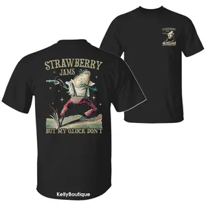 Strawberry Jams But My Glock Don't Frog Funny Quote T-Shirt, Sarcastic Humor 2 Sided Graphic Design Printed Unisex Cotton T-shirt for Men for Women Menswear Womenswear Top