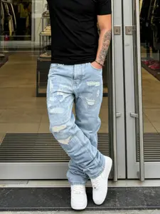Men's Korean Style Hip-Hop High Street Ripped Washed Jeans, Loose Fit Casual Trendy Wide Leg Long Pants, All Seasons Fashion