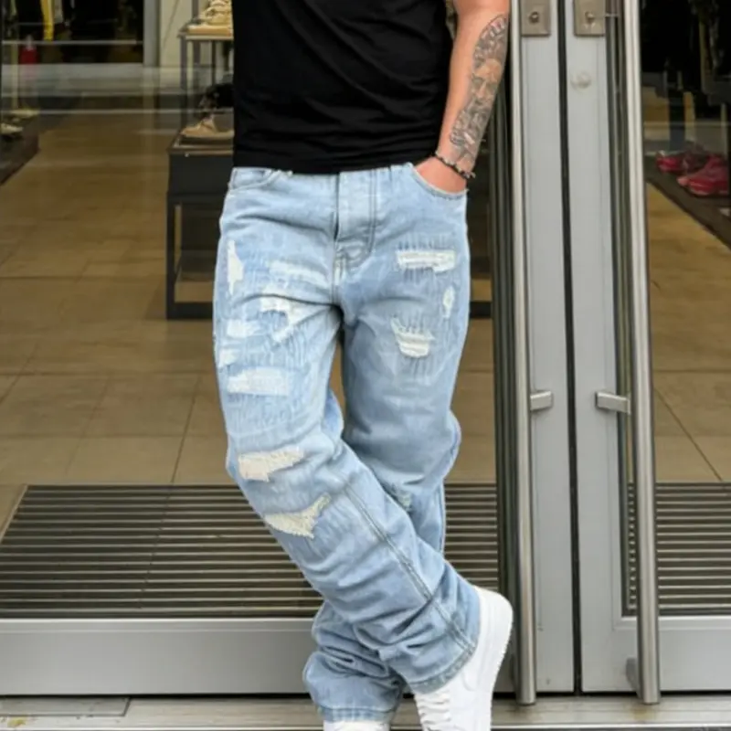 Men's Korean Style Hip-Hop High Street Streetwear Ripped Distressed Light Wash Washed Denim Jeans, Loose Fit Casual Trendy Wide Leg Long Pants, All Seasons Fashion Menswear