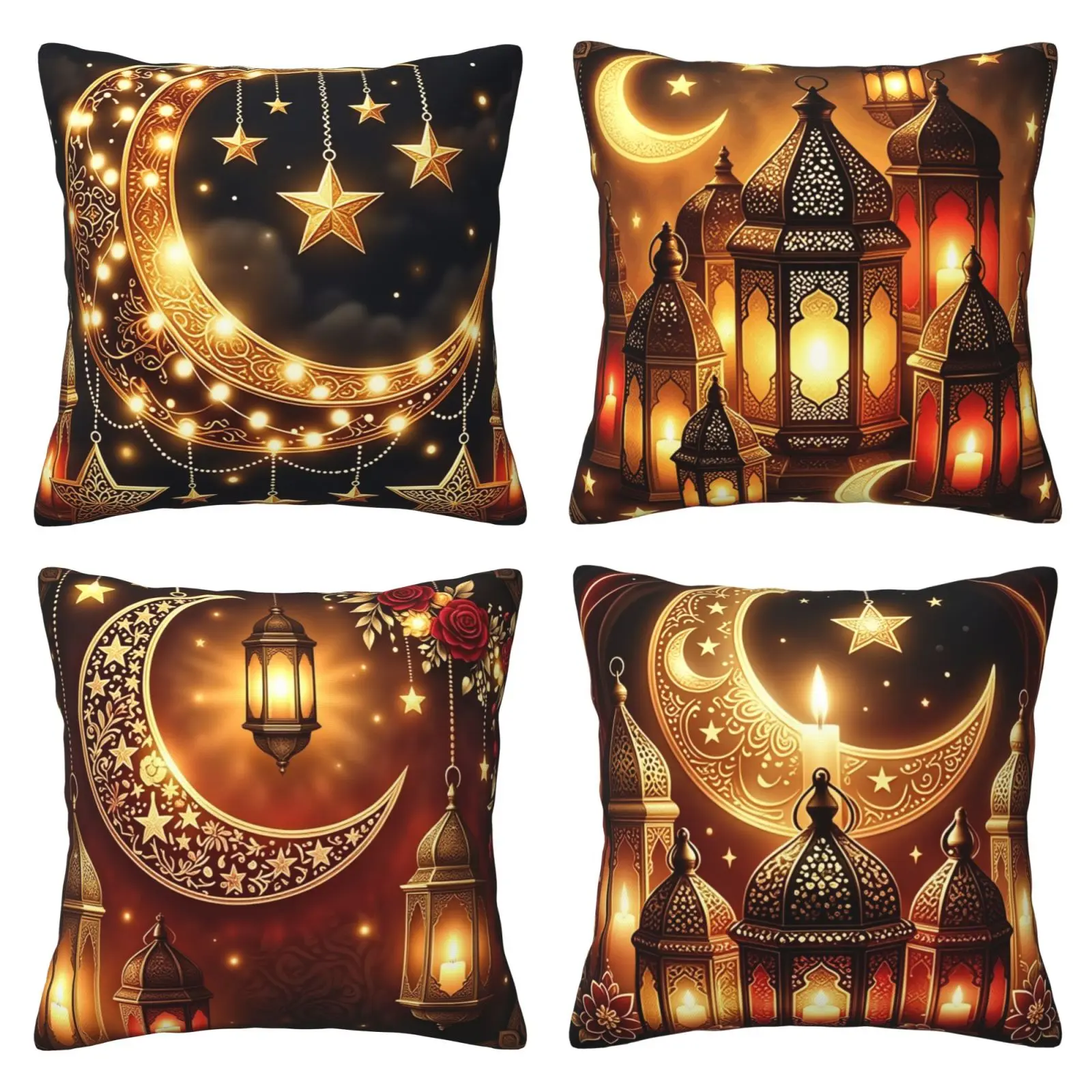 Crescent shaped pillowcase four piece set, traditional lantern star Ramadan gold decorative pillowcase, suitable for home living room, bedroom, dormitory sofa decoration, 4-piece set double-sided printing