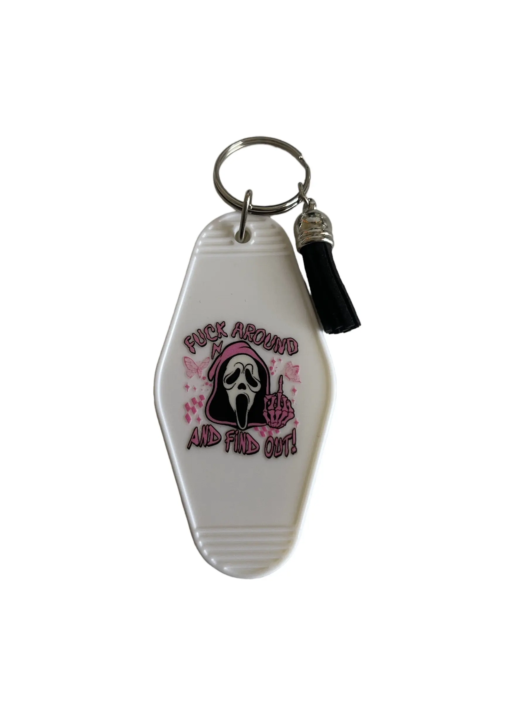 Fuck Around Ghost Face Motel Keychain with Tassel Loop