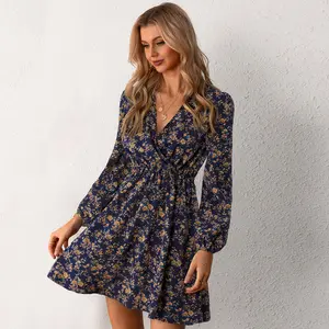 CUPSHE 【Valentine's Day】 Fall Alison Ditsy Floral Comfort Peasant Sleeve Mini Dress Long Sleeve Dresses Surplice neckline Casual Womenswear Bohemian Boho Vneck Fall dress Summer Navy business casual outfits women