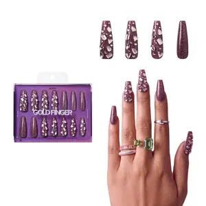 Gold Finger Glitzy 3D Press-On Nails in Diverted – 2X-Long Coffin Fake Nails, Plum Glitter & Chunky Rhinestones, Luxury Glue On Nails, 28 Pc Kit
