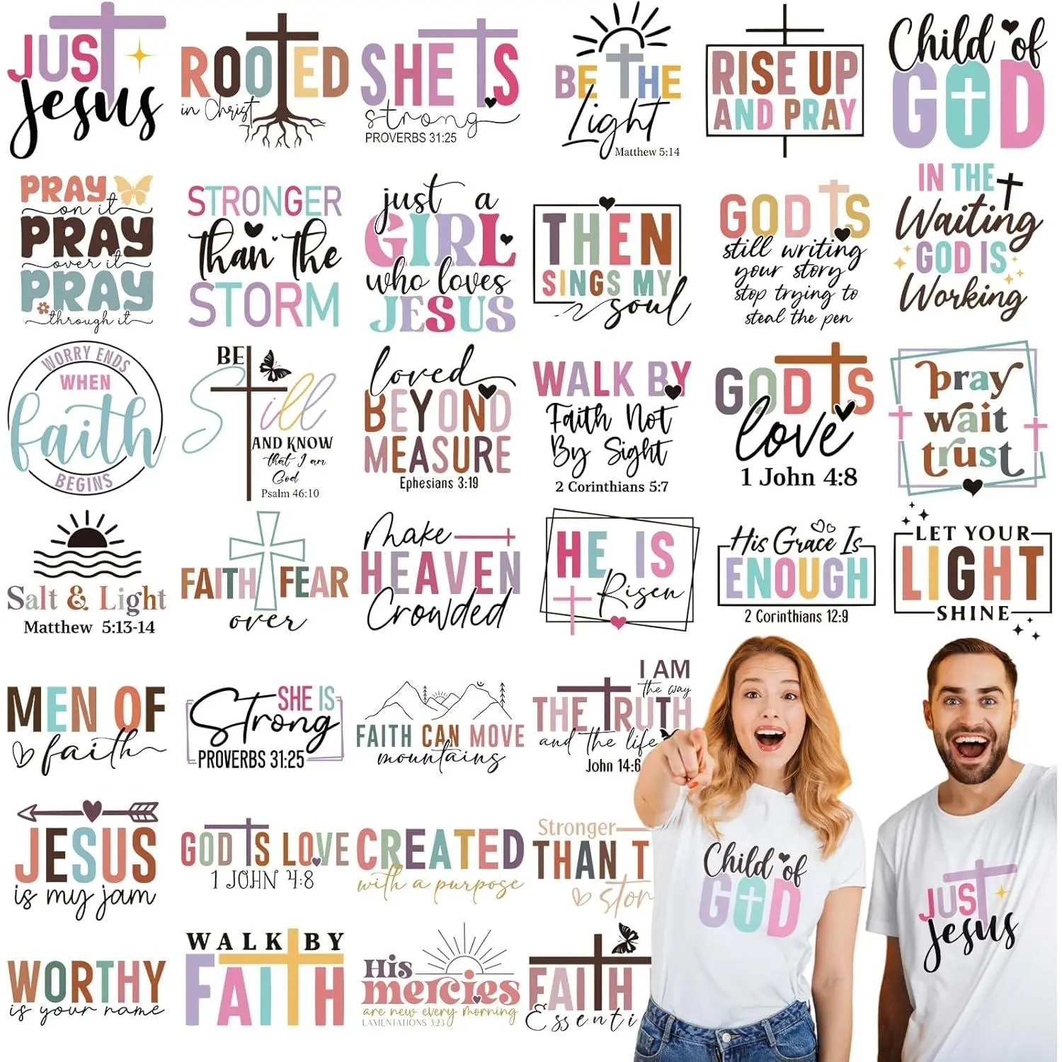 Unisex 36-Sheet Vibrant Christian Iron-On Transfer Patches - DTF Ready-to-Press Vinyl Embroidered Applique, Fade-Resistant for Clothing, Scarf, Pillow Covers Customized Craft DIY Supplies