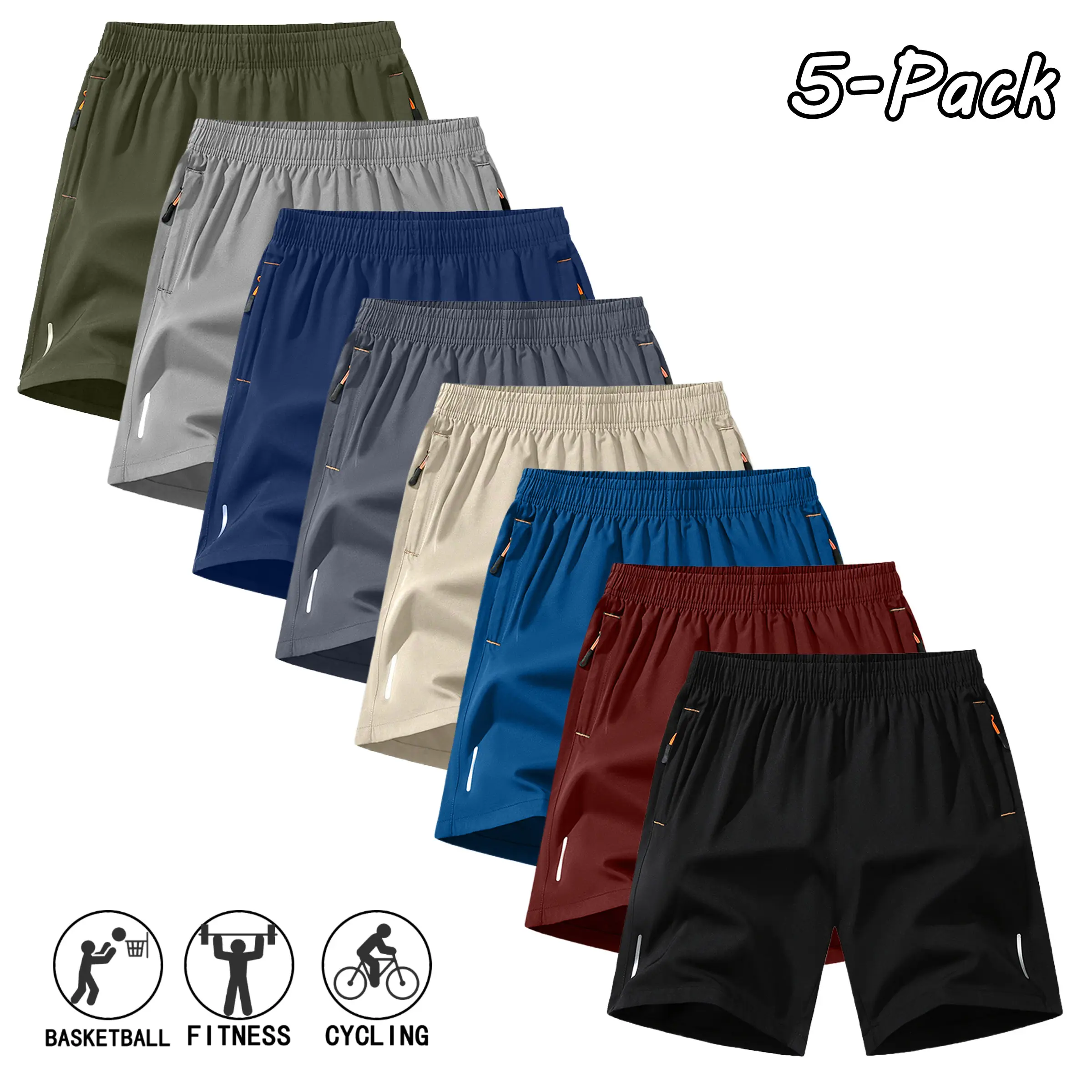 Pack of 5 summer men’s casual shorts—stylish, versatile solid-color minimalist athletic shorts suitable for fitness activities, outdoor sports, beachside/beachwear, everyday wear, and swimming.